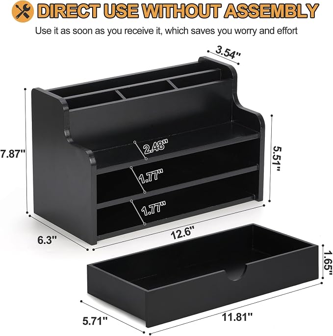 Mail Organizer Countertop, 4 Slots Desk Organizer with Drawer and Shelf, Wooden Mail Sorter for Desk, Desktop File Holders for Storage Pens, Envelopes and Bills