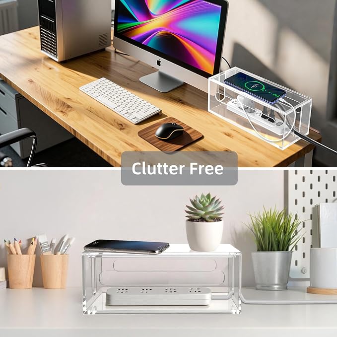 Cable Management Box Acrylic Cord Organizer Box Power Strip Storage Box to Hide Wires, Clear