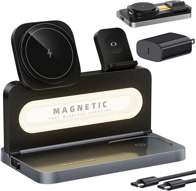 3 in 1 Wireless Charging Station for Apple MagSafe Charger,Magnetic Wireless Charger Stand for iPhone 16 15 14 13 12,Foldable Nightstand Charging Dock for Apple Devices iWatch,AirPods with Night Light