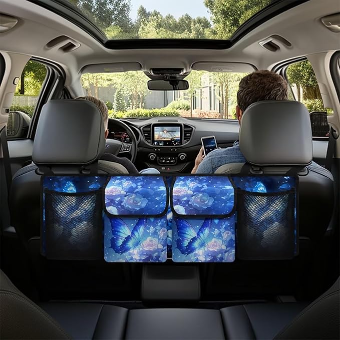 Blue Butterfly Roses Car Backseat Hanging Trunk Organizer for SUV Car Storage Bag with 4 Pockets Multipurpose Adjustable Car Organizer Bag Auto Interior Accessories