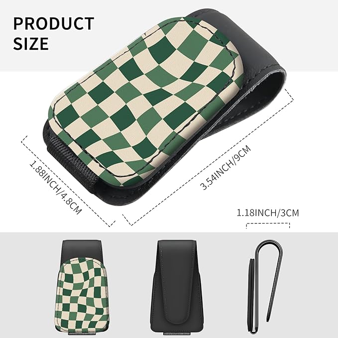 Sunglasses Holder for Car Visor, PU Leather Glasses Clip Organizer, Cute Magnetic Eyeglass Holder for Vehicle Sun Visor, Car Interior Accessory for Women & Men Green Wavy Checker