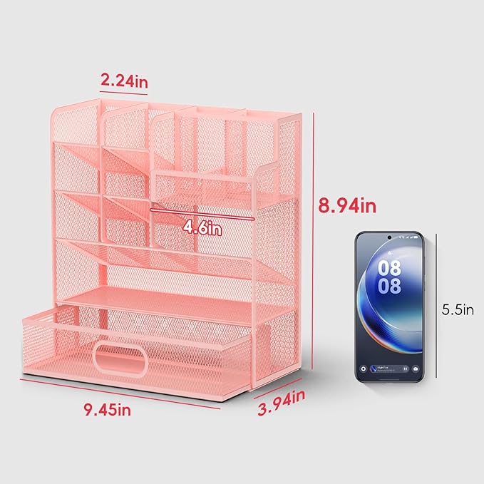Pen Organizer for Desk - Multi-Functional Pencil Holder with Drawer Desk Organizers, Large Capacity Storage for School Office Home Supplies (Pink)