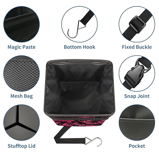 Car Trash Can Rose Pink Butterflies Auto Garbage Bag Car Trash Can with Lid Leak-Proof Car Storage Bag Auto Garbage Bag Hanging for Headrest Collapsible and Portable with Storage Mesh Pocket