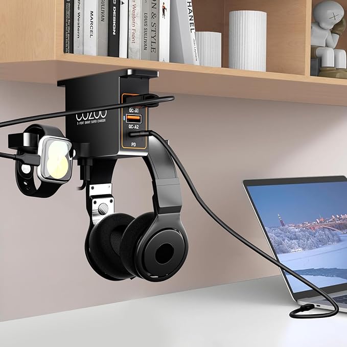 cozoo Headphone Stand with USB Charger Under Desk Headset Holder Mount 3 USB Charging Station,iWatch Stand Watch Dock Dual Earphone Hanger Hook,PC Accessories Gifts,UL Tested