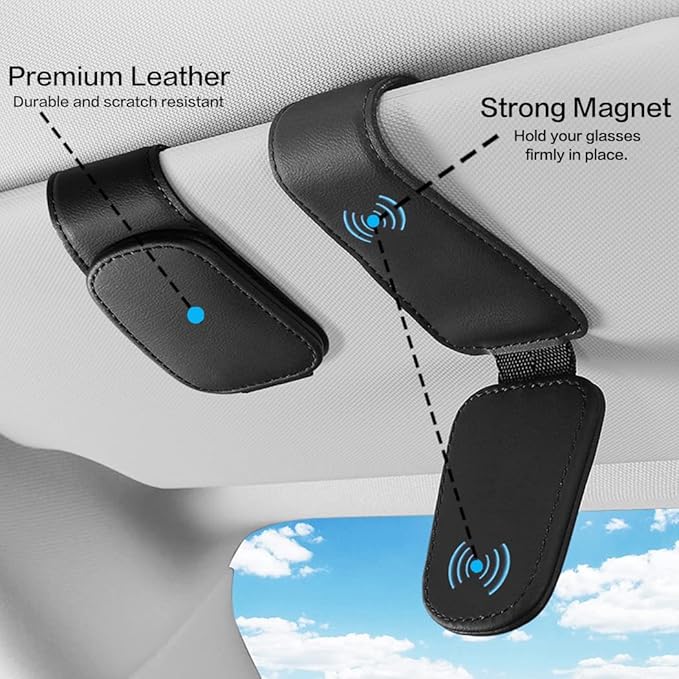 2 Packs Sunglass Holder for Car Sun Visor, Magnetic Eyeglass Hanger Clip for Car Visor, Leather Car Glasses Mount, Car Interior Visor Accessories (Red-2Pcs)