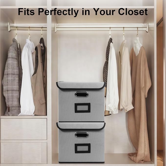 File Storage Box with Lid, 15.55x12.87x10.43 Inches, Foldable Organizer with Handles & Label Slot, for File Storage, Home, Office, and Closet Organization(2 Packs, Grey)