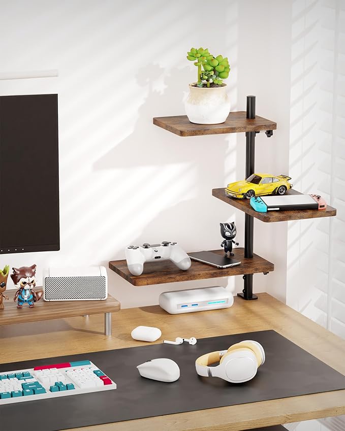 3 Tiers Clamp On Desk Shelf, 360° Angle Adjustable Desktop Shelf Organizer for Home Office Gaming Room, No Drill Desk Extender Adapt to 0.4-2.16 inches Table Thick, Black Brown