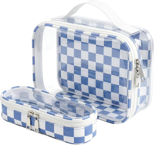 LETGO Clear Checkered TSA Approved Toiletry Bag,Beach Bag Organizer Pouch Set,Clear Sunscreen Waterproof Makeup Bags with Zipper,Purse Organizer Pouches,Travel Organizer Bags for Woman and Kids