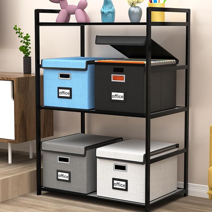 File Organizer Boxes with Lids, Collapsible Faux Leather Hanging File Folder Box Organizer with Plastic Slide, Decorative Home/Office Filing System Boxes for File and Folders Storage