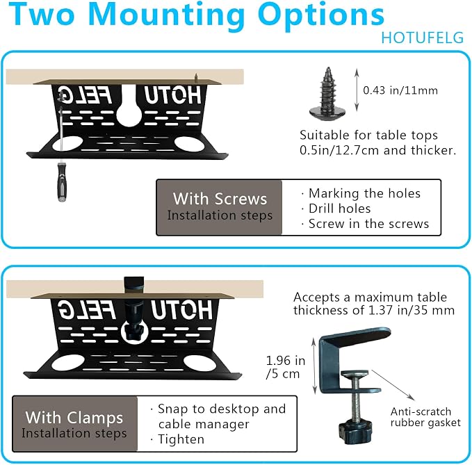 Under Desk Cable Management Tray with Dual Installation – Clamp or Screw Mount Cord Organizer, Heavy-Duty Steel Computer Desktop Power Wire Hider Table Storage Basket for Home Office & Gaming Desks