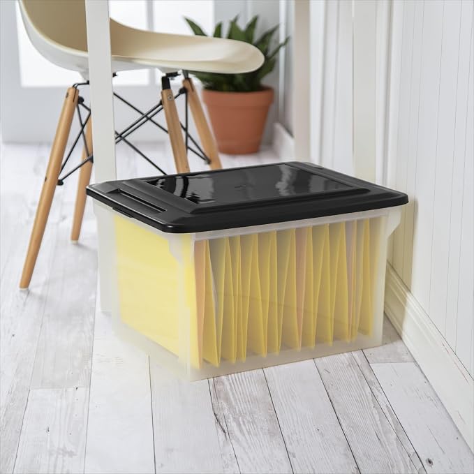 Plastic File Box Clear Storage Bins with Black Lids Letter or Legal-Sized File Storage Container, Stackable, Nestable