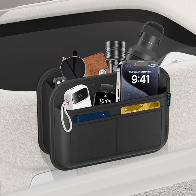 FLORICH Car Door Organizer, Small Leather Foldable Hanging Organizer and Trash Can 2-in-1, Multi-Function Mini Storage Box Garbage Can for Car Back Seats and Side Door-1Pack
