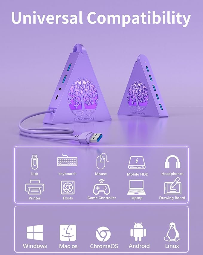 7-Port USB 3.0 Hub, Light Purple Vertical USB Splitter with Tree-Inspired RGB Lights, 5Gbps High-Speed Transfer, 2FT Cable, Compatible with MacBook, PC, Flash Drive, Console, Printer, Camera