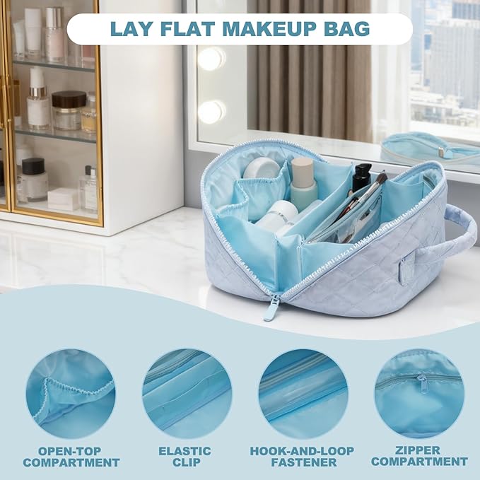 Makeup Bag,Quilted Puffer Cosmetic Bag for Women, 180° Lay-Flat Travel Make up Bag, Waterproof Large Capacity Toiletry Bag with Sturdy Zippers, Portable Makeup Organizer for Travel & Daily Use