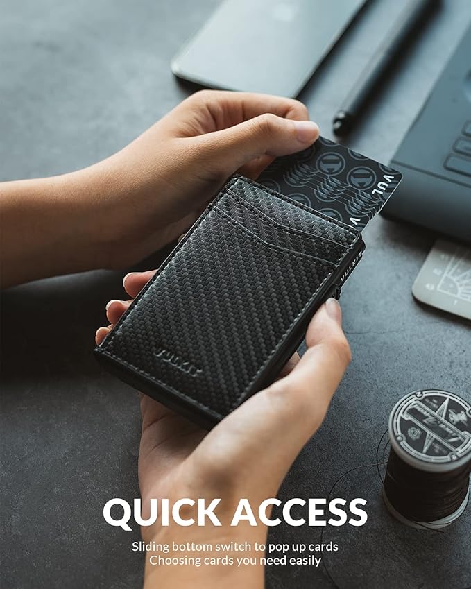 VULKIT Men's Slim Wallets Pop Up Card Holder RFID Blocking Metal Wallet Minimalist Design Holds Up to 11 Cards