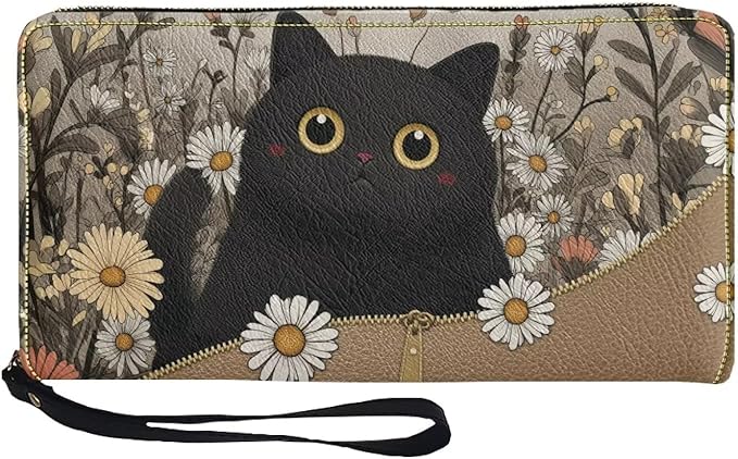 Bulopur Daisy Black Cat Wallet for Women Purse with Wristlet PU Leather Waterproof Ladies Purses Handbag Zip Around Coin Cash Clutch Card Organizers Gifts for Him