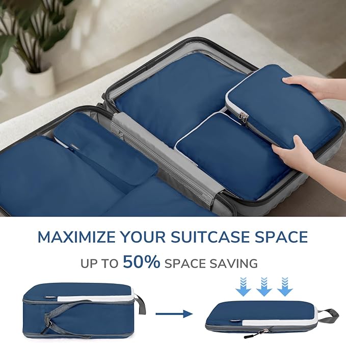CherryNow Compression Packing Cubes, 7 Set Packing Cubes for Carry On, Travel Essentials for Men, Luggage Organizer Bags, Deep Blue
