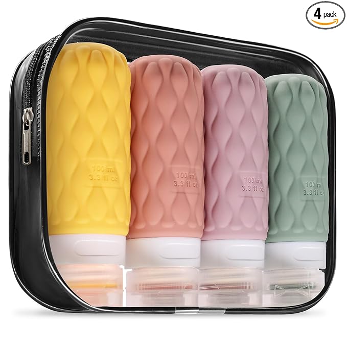 100 ml Silicone Travel Bottles for Toiletries with Labels/Clear Bag, Holiday Travel Essentials Leakproof Refillable Squeeze Travel Size Containers Set for Shampoo and Conditioner