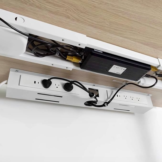 Desky Mini Cable Tray – Under Desk Wire Organizer with Mounting Screws, Compact Metal Cable Management Tray for Office Desks – Space Gray, 4 Plug