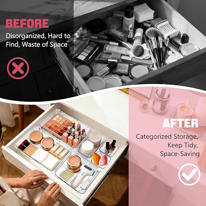 16 PCS Clear Drawer Organizer Set, Expandable Acrylic Vanity Storage Bins, 2 Sizes Adjustable Plastic Junk Drawer Dividers, BPA-Free Non-Slip Stackable Organizers for Makeup, Bedroom, Office & Tools