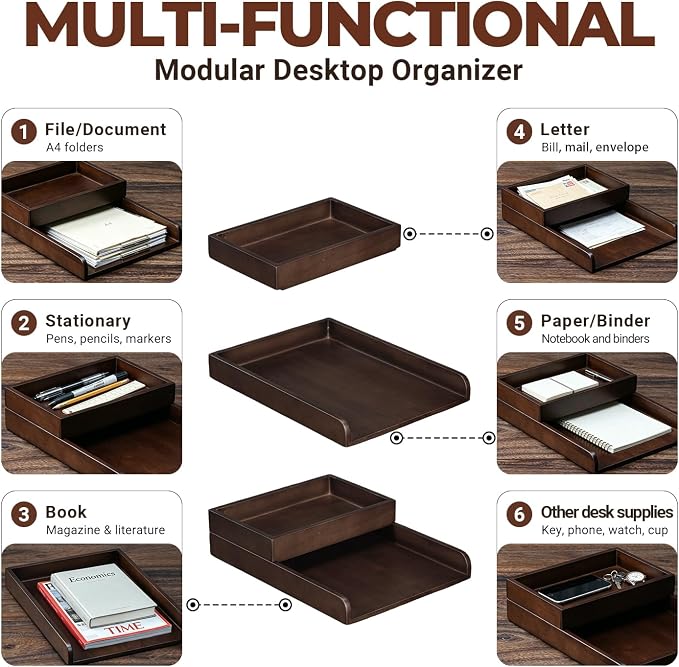 Wooden Desktop File Organizer, 2-Tier Detachable Solid Wood Paper Tray for A4 Paper Documents Letter Bill Notebook Stationery, Multi Modular Desk Storage Tray for Home Office Cubicle School