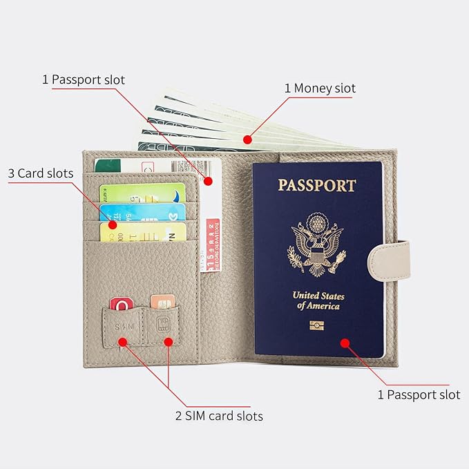 Genuine Leather RFID Passport Holder, Ultra-Thin Passport Book Holder with Cash Compartment and Zipped Coin Pocket, Passport Holder Suitable for International Travel (Elephant Grey)