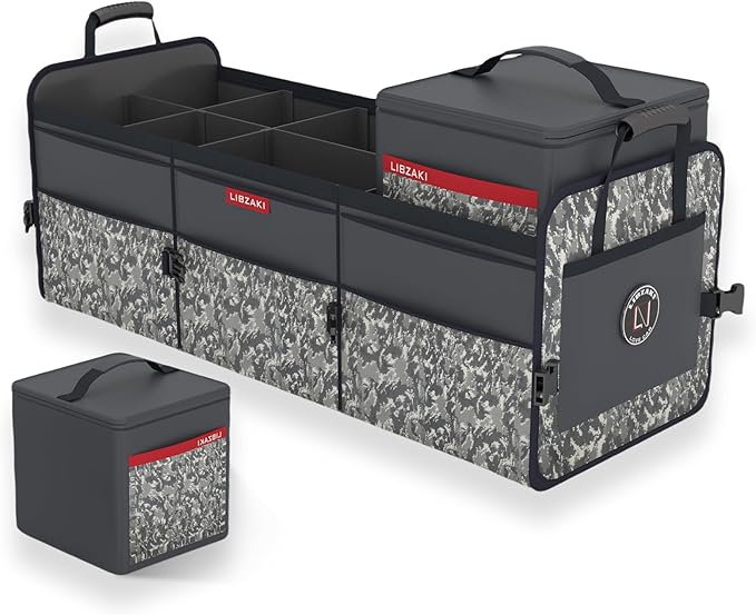 LIBZAKI Car Trunk Organizer,3 Compartments Big Trunk Storage, Large Capacity, Foldable, 95L Heavy Duty Storage Box for Car, SUV, Truck,Jeep, Includes 26L Cooler Bag-Black Camouflage