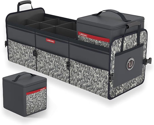 LIBZAKI Car Trunk Organizer,3 Compartments Big Trunk Storage, Large Capacity, Foldable, 95L Heavy Duty Storage Box for Car, SUV, Truck,Jeep, Includes 26L Cooler Bag-Black Camouflage