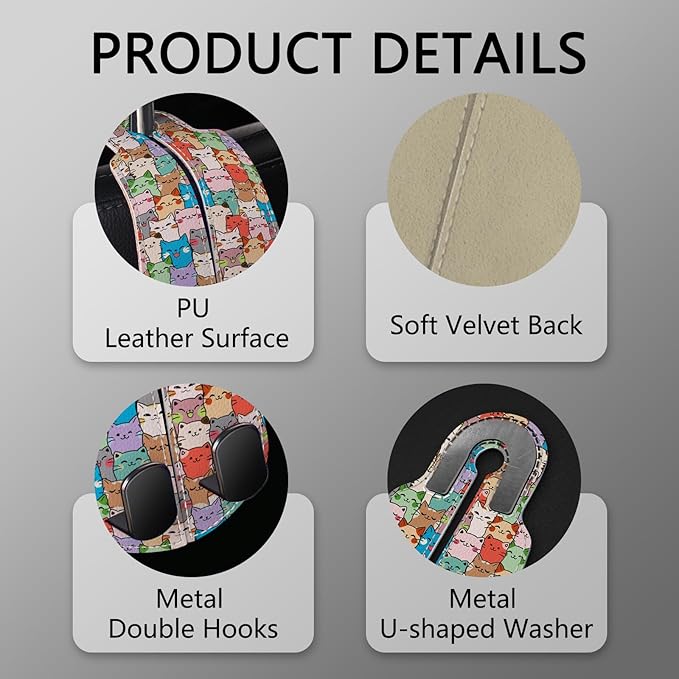 Blusabaca 2PCS Car Seat Back Storage Headrest Hooks, Cute Cats Purse Holder Bags Hanger, PU Leather Double Metal Hook for Backseat Organizer, Women Car Accessories Organization