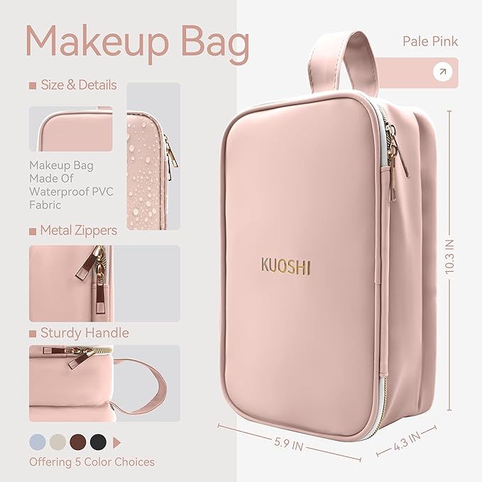 Travel Makeup Bag for Women, Large Capacity Waterproof Cosmetic Organizer with Divider & Handle, Portable Open Flat Toiletry Pouch for Travel Accessories (Pink)