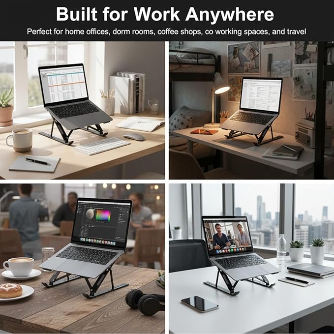 Adjustable Laptop Stand, Foldable Aluminum Laptop Riser for Desk, Portable Ergonomic Notebook Holder for 10-17 Inch Laptops, iPad & Tablet (Silver,Aluminum Alloy)