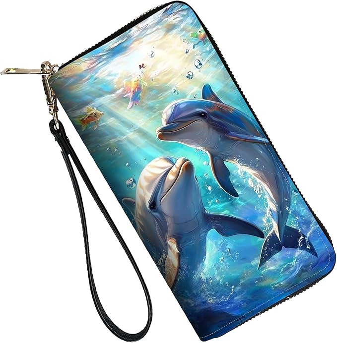 RFID Blocking Leather Wallet for Women – Large Capacity Zip Around Clutch with 8 Card Slots,27 Cash Pockets & Coin Zipper,Dolphin