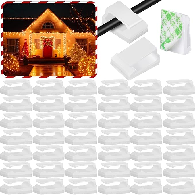 Hicarer 100 Pcs Christmas Light Clips Adhesive Hooks for Outdoor String Cable Wire Clips Adhesive Wire Management Cord Holder for The Wall, Under Desk, Car, Home and Office (Large, White)