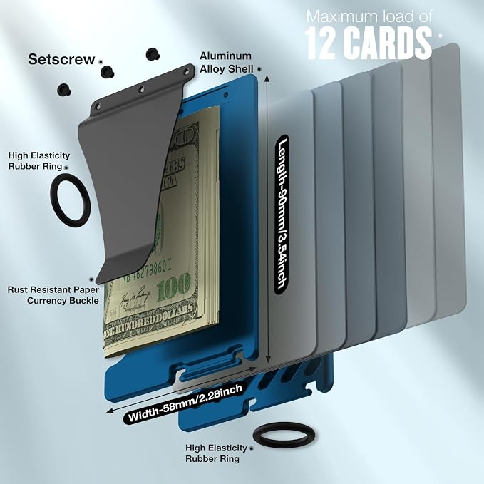 Wallet for Men, Minimalist Card Holder with Money Clip, Slim Metal Front Pocket Aluminum Wallet, Modern-Modular-Design, RFID Blocking, Navy Blue