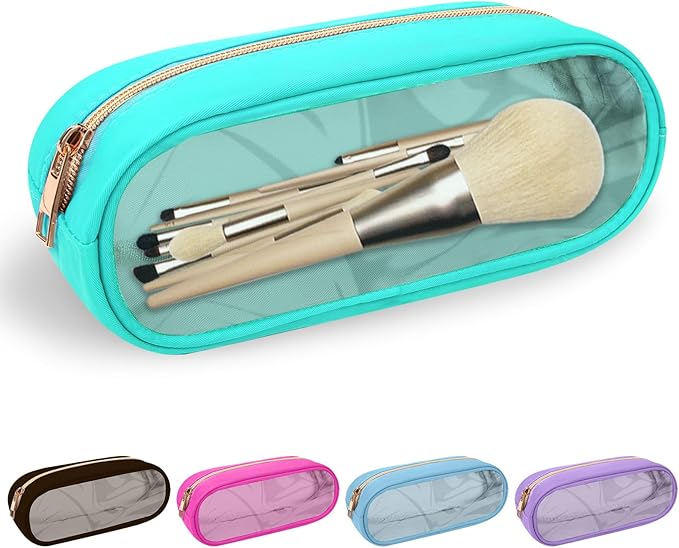 Nylon Small Clear Makeup Bag Slim Pencil Pouch, Cute Makeup Bag Preppy Cosmetic Zipper Pouch Pencil Case for Purse, Travel PVC Toiletry Bag Clutch Coin Pouch Makeup Brush Bag for Women Girl(Mint)