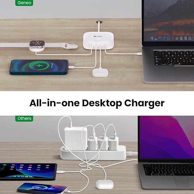 USB Charging Hub, 4 in 1 Charger for Multiple Devices with 2 USB-C and 2 USB-A, Wall Charger Power Strip Adapter Plug for iPad iPhone Pixel Note Galaxy, 5FT Cord, Ideal for Travel Office Desktop