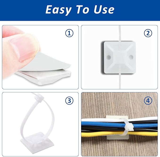 100 Set Cable Zip Tie Self Adhesive Mounts Kit with 6" Zip Ties, 3/4" Wire Holders Squares, Screws - Sticky Wire Fasteners Cable Clips Management Anchors Organizer - White