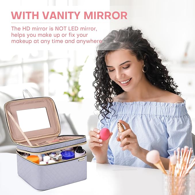 HXLGMD Large Makeup Bag with Mirror Double Layer Travel Make Up Organizer Case, Large Capacity Coemetic with Brush Slot Divider, Travel Toiletry Bag for Women (Grey)