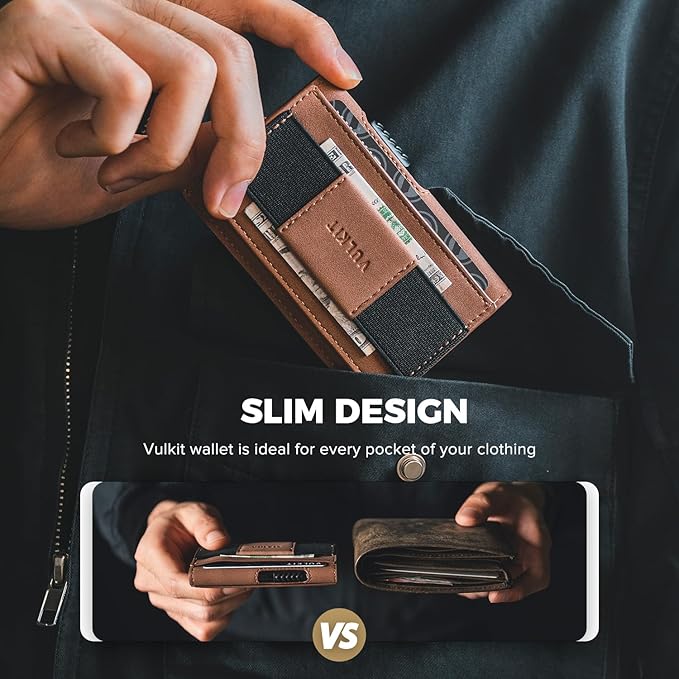 VULKIT Mens Minimalist Wallet for Max. 8 Cards with Pop-Up Credit Card Ejector RFID Blocking, ID Window and Elastic Strap for Bills or Keyring, Gift Box Packed, Brown