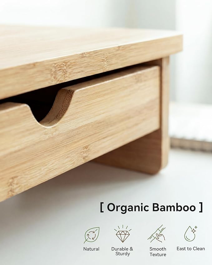 Bamboo Monitor Stand with Large Storage Drawer,23 Inch Ergonomic Computer Riser for Desk, Holds Up to 220lbs, Screen Shelf with 5 Compartments for Keyboard & Stationery Organization