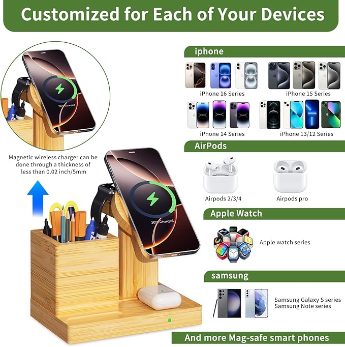 Wireless Charger Stand with Magnet- 4 in 1 Wireless Charging Station with Pen Holder, Bamboo Fast Charging Stand Compatible with iPhone 16/15/14/13/12 Pro/AirPods/Apple Watch, Presents for Men Women