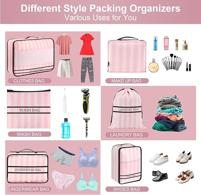 9 Set Packing Cubes Luggage Packing Organizers for Travel Accessories Space Saving Travel Bags for Carry On, Lightweight Mesh Zipper, Clothes, Shoes and Laundry Bag, Suitcases (Pink Streak)