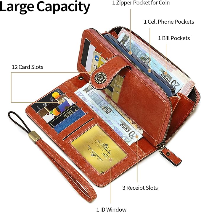 RNIEGA Womens Wallet Leather Billfold RFID Blocking Credit Card Holder Wristlet Wallets for Women Ladies Purses with Zipper Coin Pocket