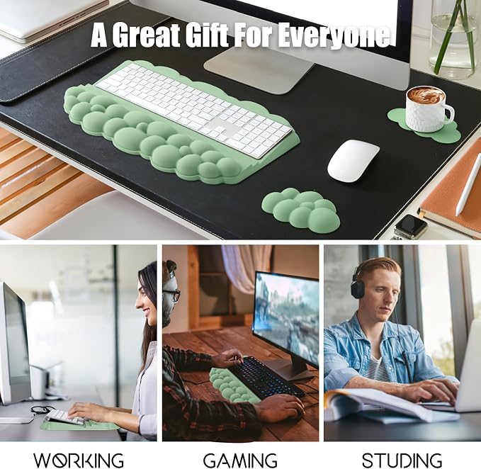 Wrist Rest with Keyboard Stand, Ergonomic Computer Wrist Support Pad, Cloud Keyboard Riser Holder with Wrist Pad, Memory Foam Desk Cushion, Palm Hand Typing for Office Home School-Green