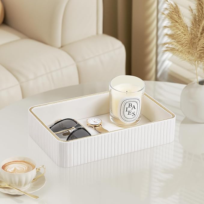 Desk Organizer Tray, PU Leather Nightstand Organizer Perfume Valet Tray for Men Women, Decorative Vanity Trays Trinket Dish Key Bowl for Entryway Table (Ivory, Medium)