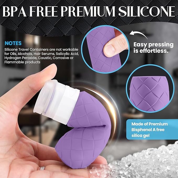 Silevoler Travel Bottles for Toiletries, TSA Approved Silicone Travel Size Containers for Toiletries, BPA Free Leak Proof Refillable Essentials Accessories, Shampoo and Conditioner Bottles (Purple)