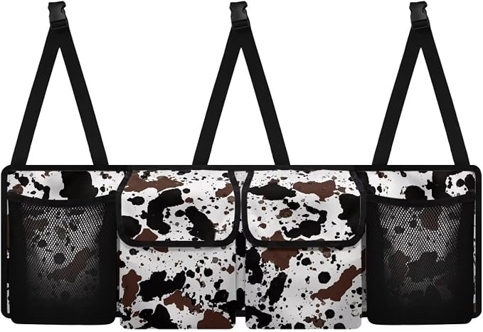 Cow Print Car Organizers and Storage Trunk Backseat Hanging Cargo Storage Bag with 2 Large Net Pockets 2 Magnetic Cover Foldable Capacity Car SUV Organizer