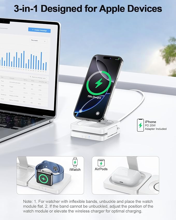 2026 Magnetic Wireless Charging Station - ADADPU 3 in 1 Foldable Charger Stand for Multiple Apple Devices, Travel Charging Pad for iPhone 17 16 15 14 13 12 Pro Max Plus, for Apple Watch AirPods