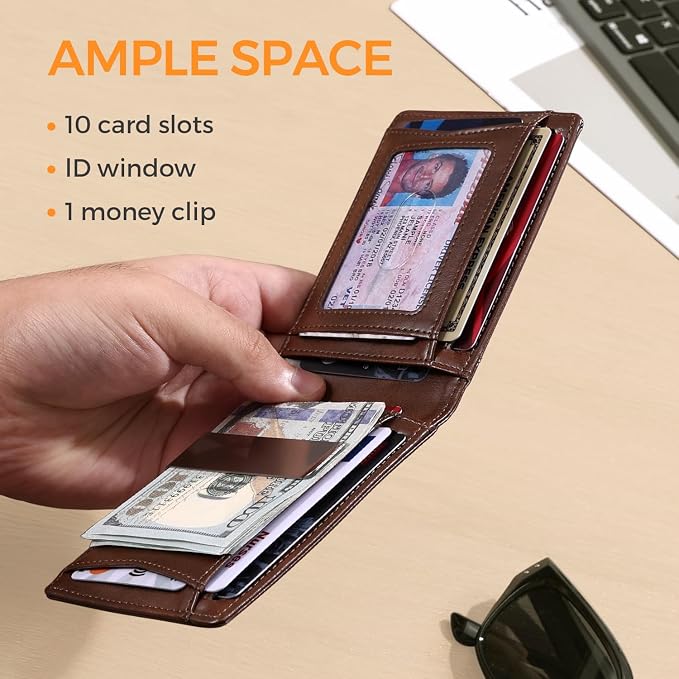 RUNBOX Slim Money Clip Wallets for Men and Teen Boys RFID Blocking 11 Card Holder Minimalist Small Leather Bifold Novelty Men's Wallet Front Pocket Gift Box