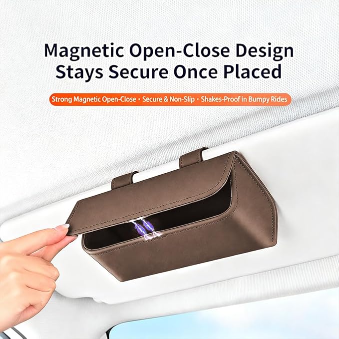 Car Sunglass Holder-Leather Magnetic Large Glasses Case,One-Handed Eyeglass Clip,Universal Auto Sun Visor Accessories